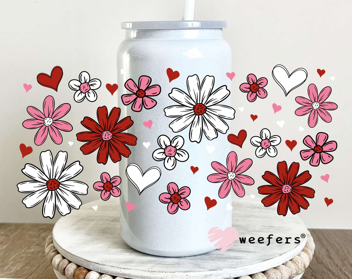 Pink and Red Hearts and Flowers UV DTF Cup Wrap 16oz Glass Can Generic Weefers