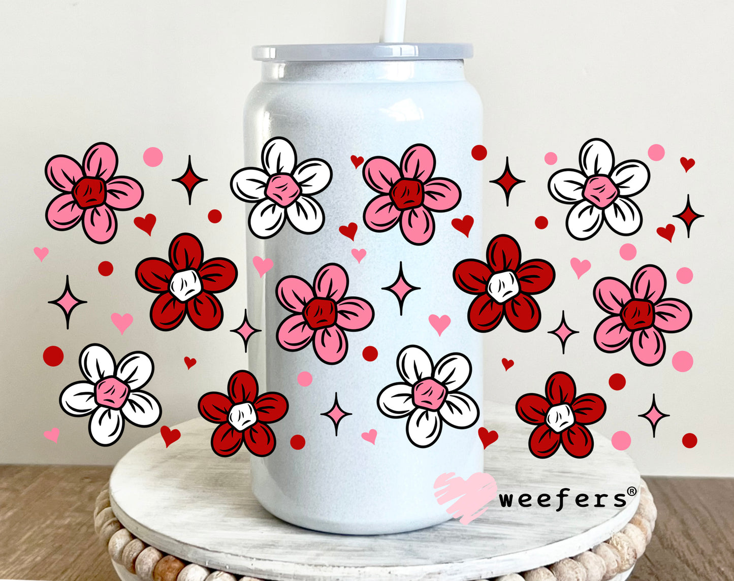 Pink and Red Flowers UV DTF Cup Wrap 16oz Glass Can Generic Weefers
