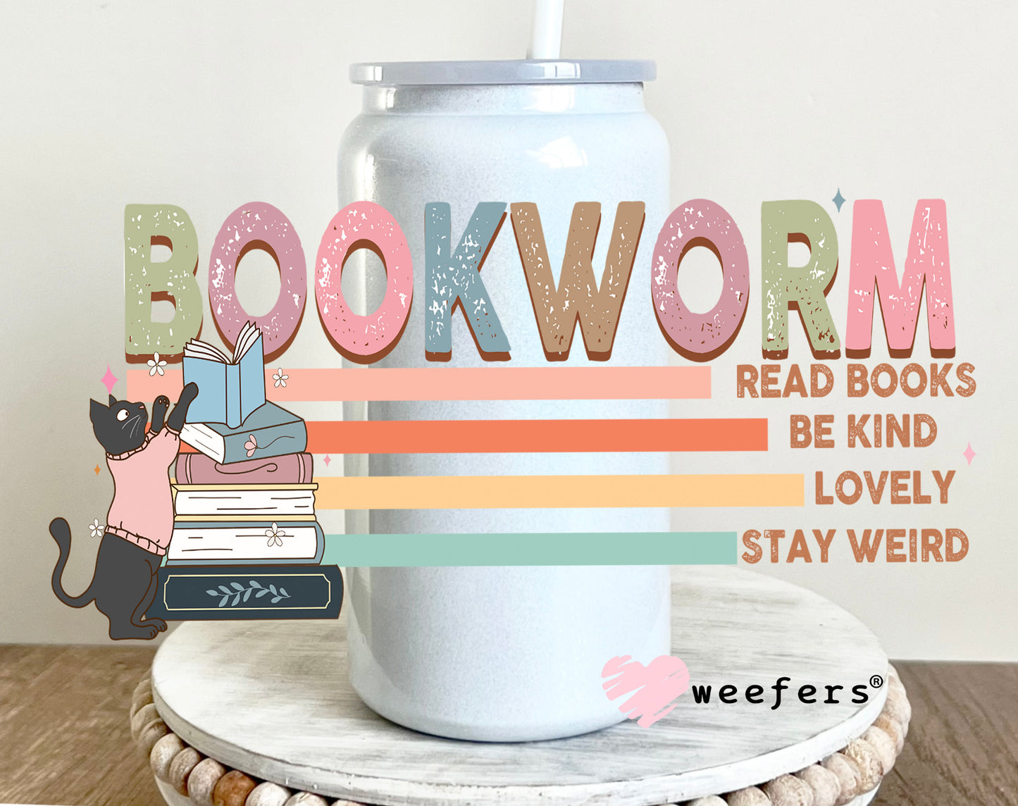Bookworm UV DTF Decal 16oz Glass Can Generic Weefers