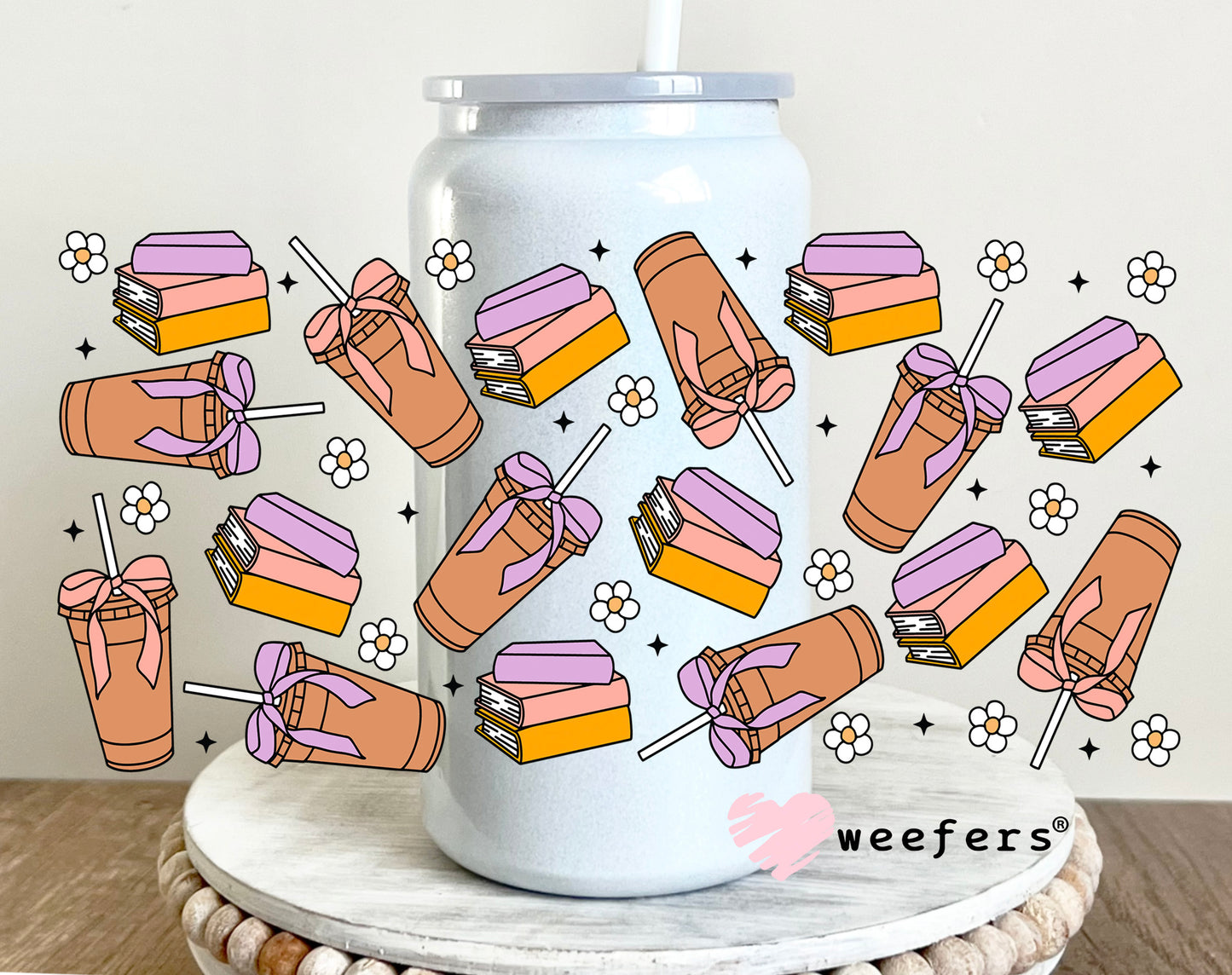Coffee Books and Bows UV DTF Cup Wrap 16oz Glass Can Generic Weefers