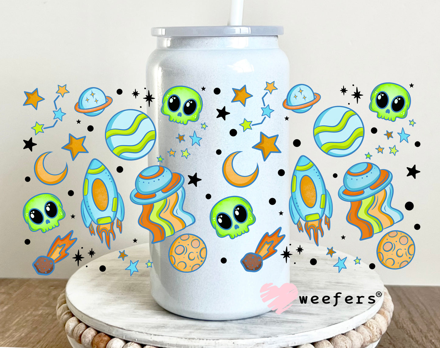 Aliens and Rocket Ships Kids UV DTF Cup Wrap 16oz Glass Can Generic Weefers