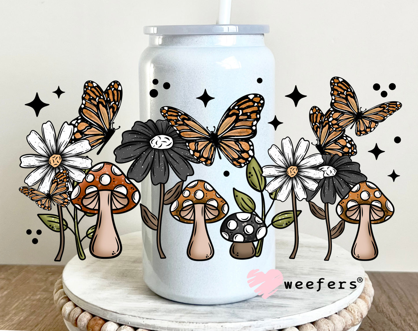 Mushroom Butterflies Grey Flowers UV DTF Cup Wrap 16oz Glass Can Generic Weefers