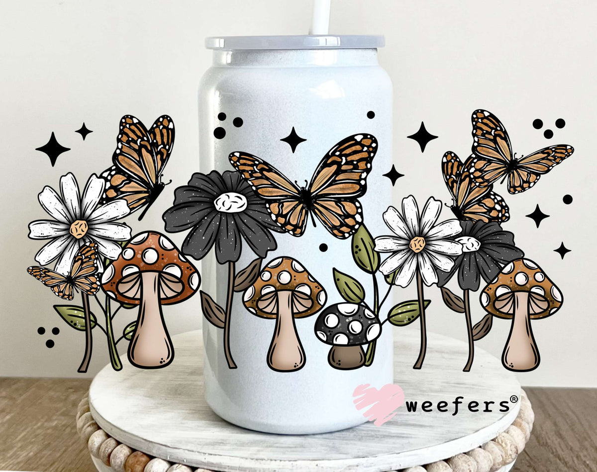 Mushroom Butterflies Grey Flowers UV DTF Cup Wrap 16oz Glass Can Generic Weefers