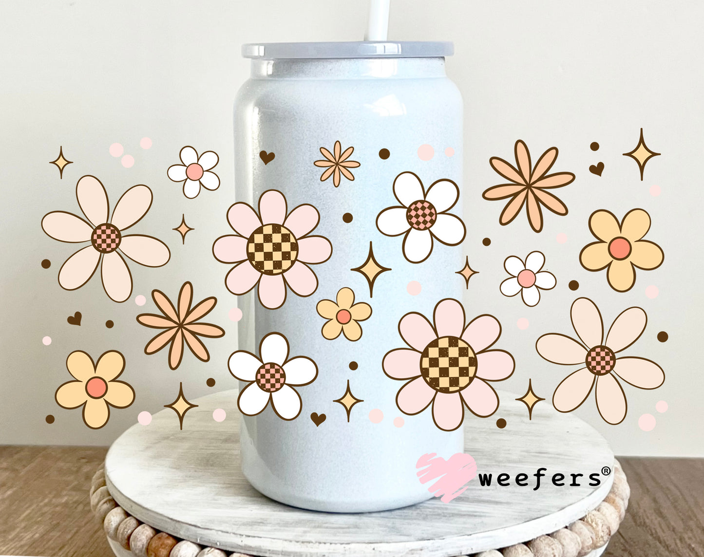Neutral Plaid Florals UV DTF Cup Wrap 16oz Glass Can Generic Weefers