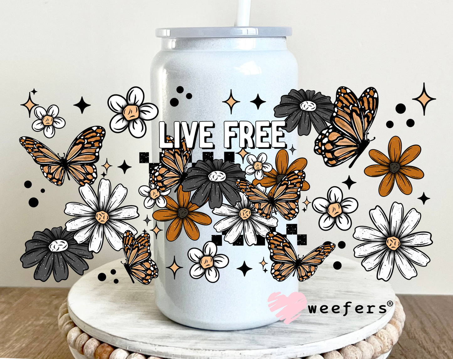 Live Free Rust and Grey Flowers UV DTF Cup Wrap 16oz Glass Can Generic Weefers