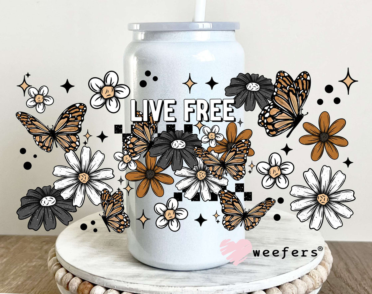 Live Free Rust and Grey Flowers UV DTF Cup Wrap 16oz Glass Can Generic Weefers