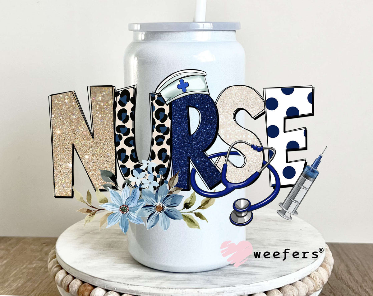 Navy Blue Nurse Florals UV DTF Cup Wrap 16oz Glass Can Generic Weefers