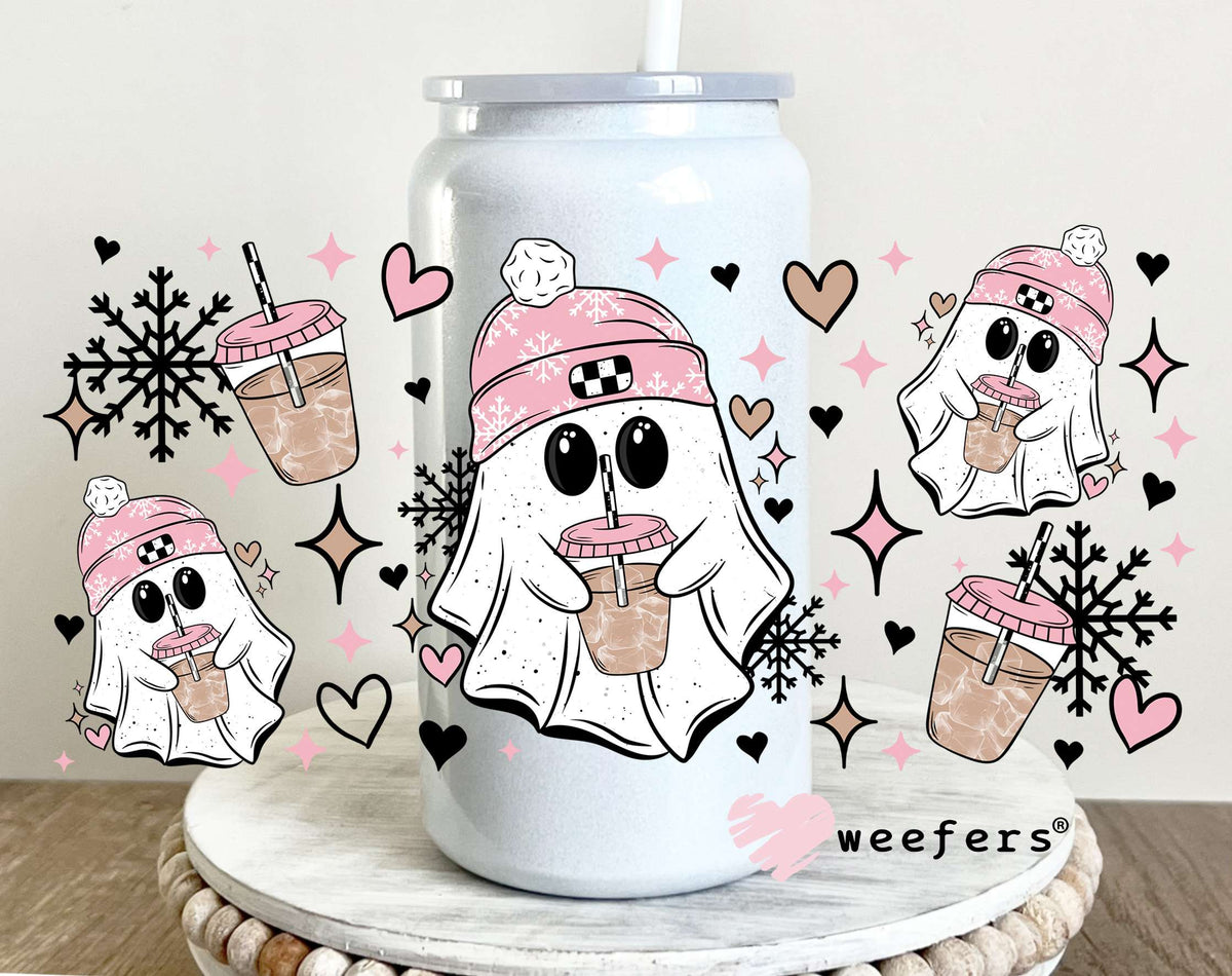 Ghost Pink Beanies and Coffee UV DTF Cup Wrap 16oz Glass Can Generic Weefers