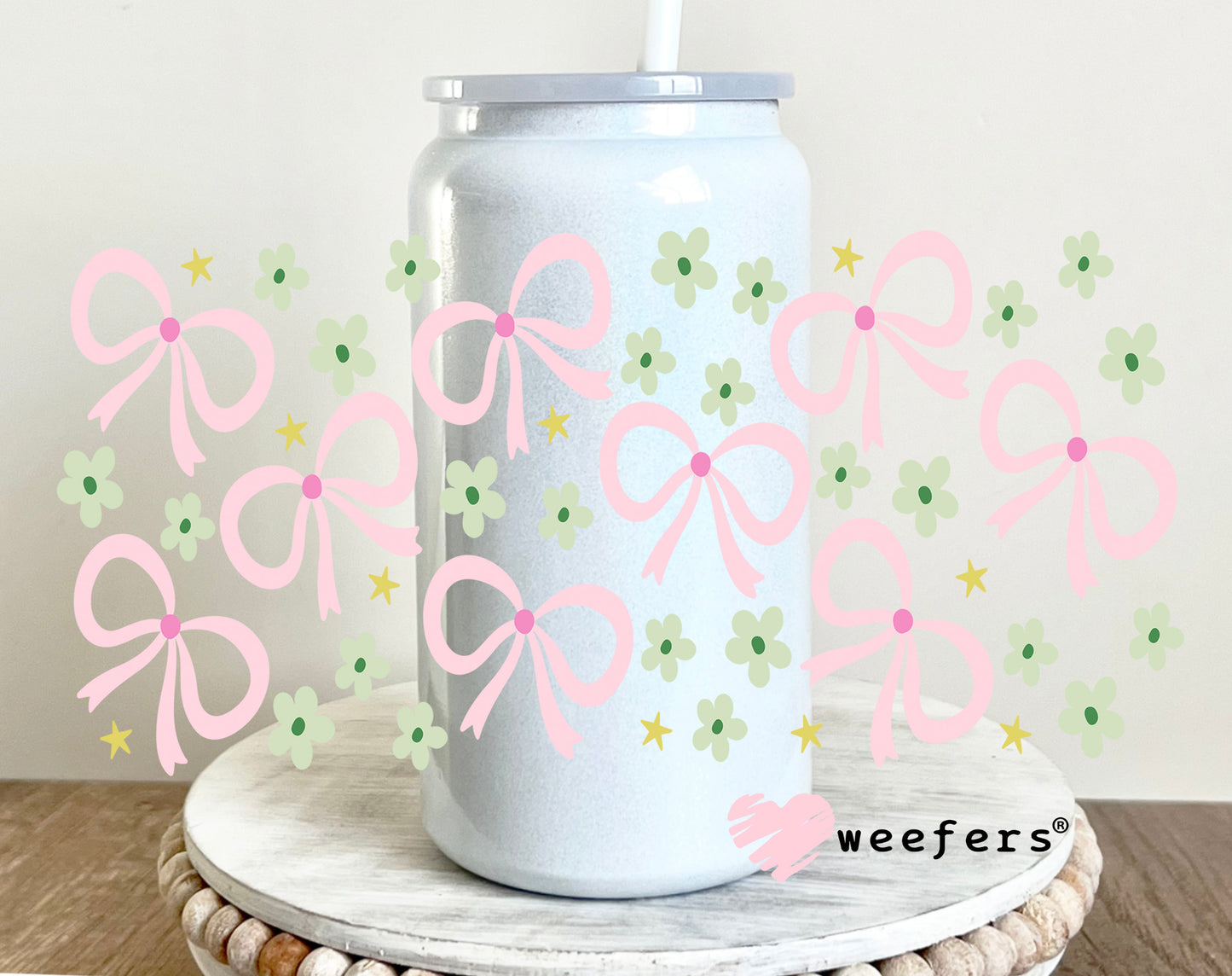 Pretty Pink Bows and Dainty Green Flowers UV DTF Cup Wrap 16oz Glass Can Generic Weefers
