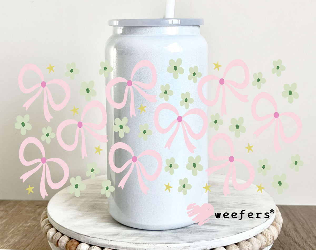 Pretty Pink Bows and Dainty Green Flowers UV DTF Cup Wrap 16oz Glass Can Generic Weefers