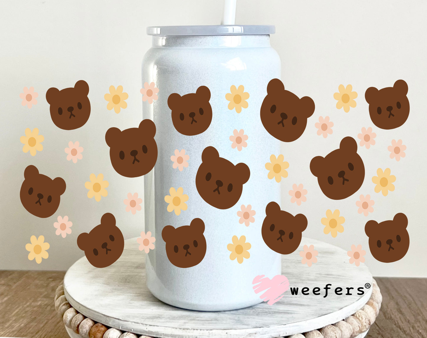 Teddy Bear Faces and Flowers UV DTF Cup Wrap 16oz Glass Can Generic Weefers