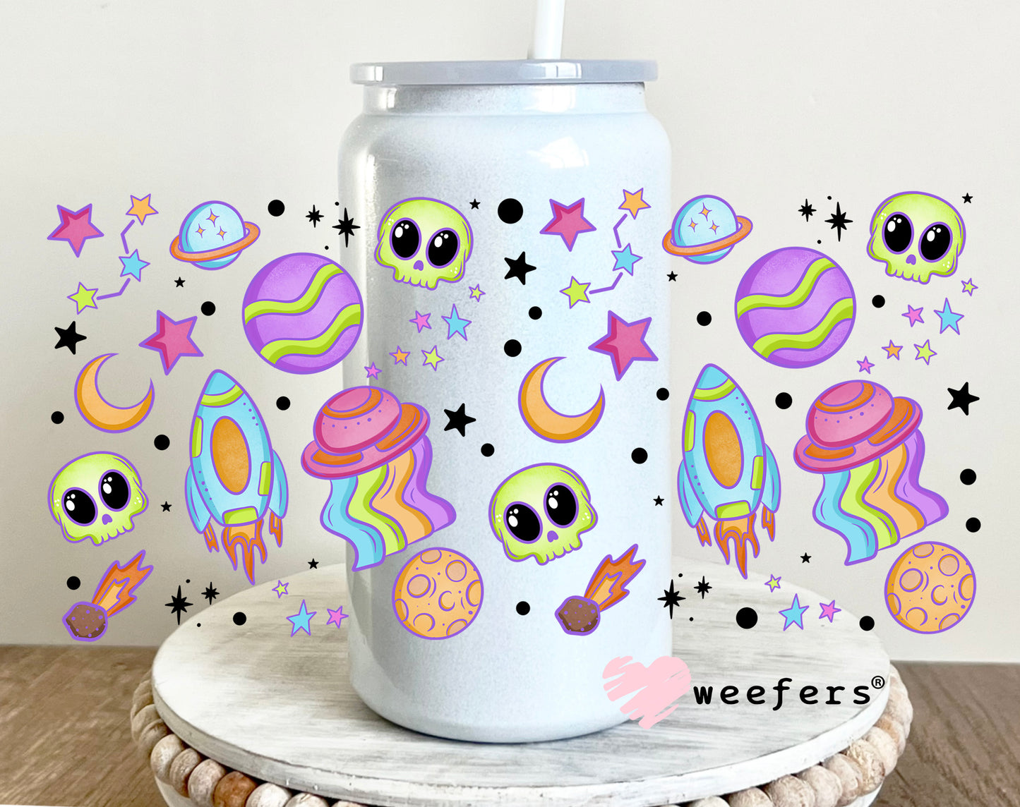 Aliens and Rocket Ships Girly UV DTF Cup Wrap 16oz Glass Can Generic Weefers