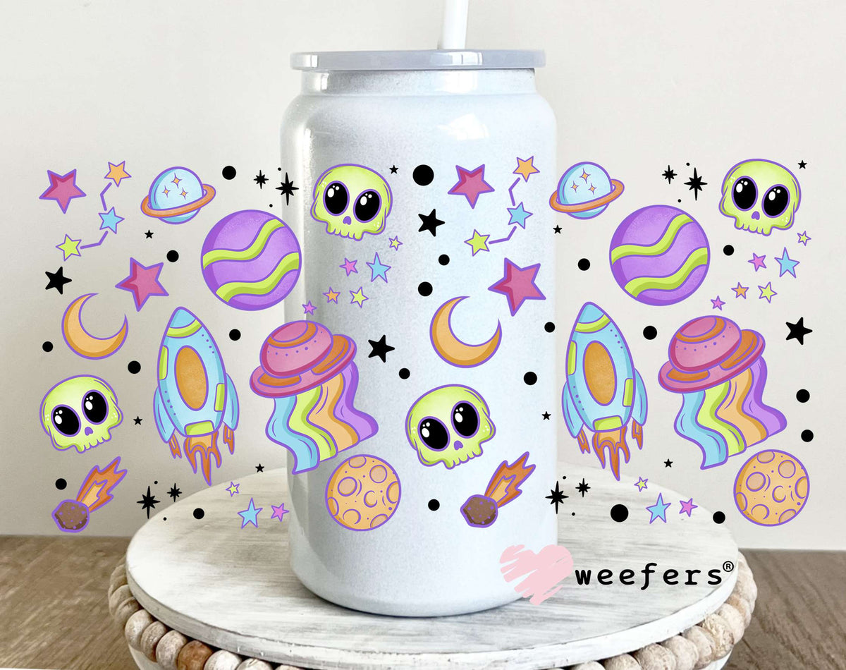 Aliens and Rocket Ships Girly UV DTF Cup Wrap 16oz Glass Can Generic Weefers
