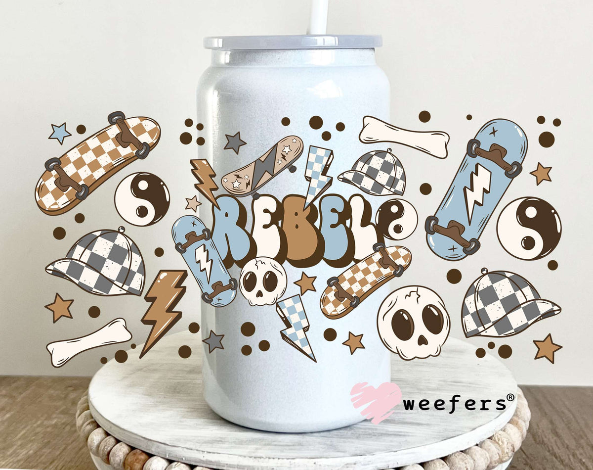 Rebel Skateboard Blue Brown UV DTF Cup Wrap 16oz Glass Can Generic Weefers