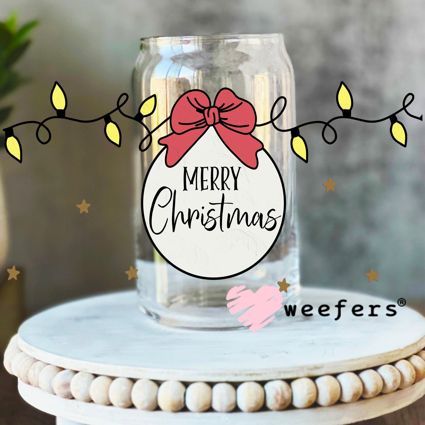 Merry Christmas Christmas Lights UV DTF Cup Wrap 16oz Libbey Glass Original Size Weefers