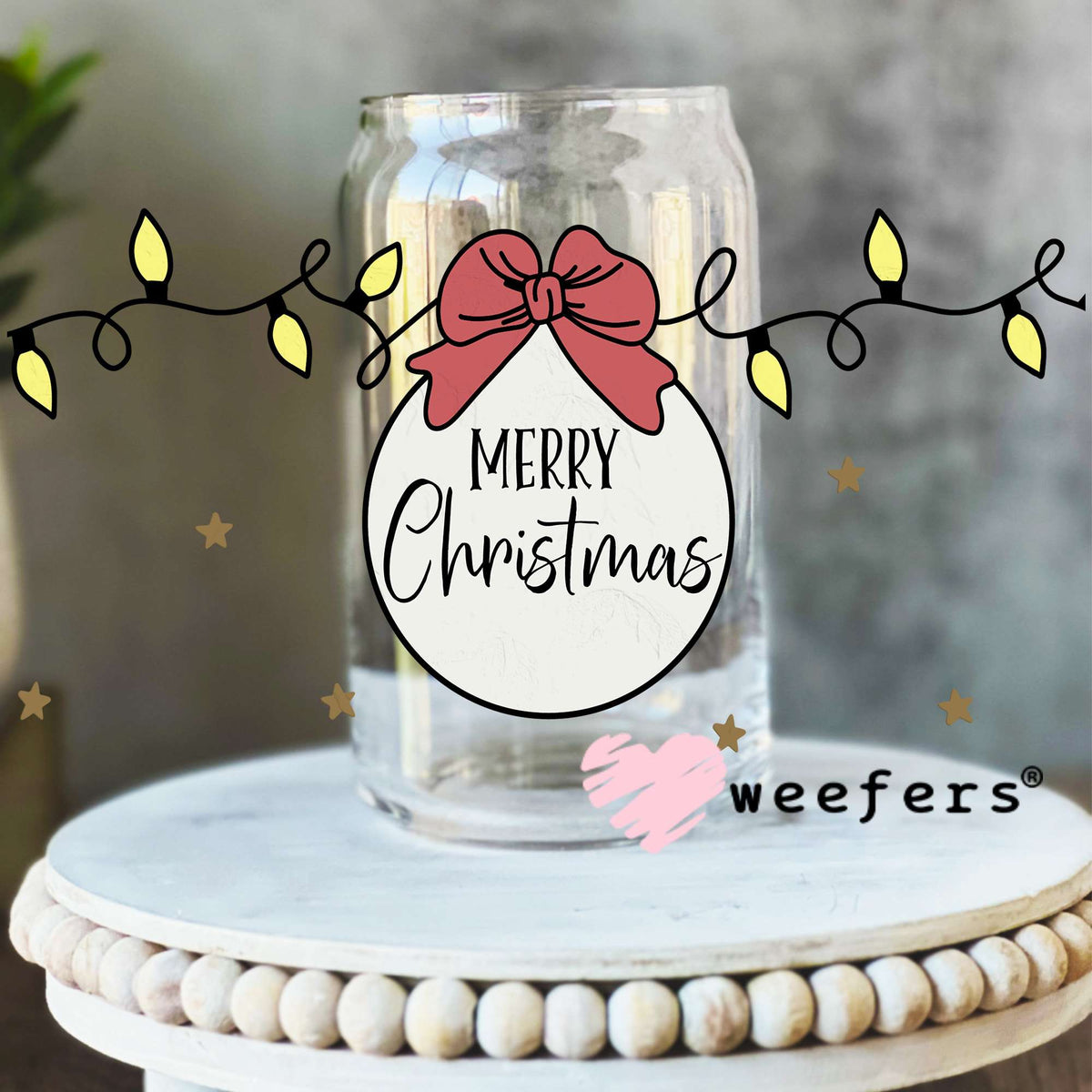 Merry Christmas Christmas Lights UV DTF Cup Wrap 16oz Libbey Glass Original Size Weefers