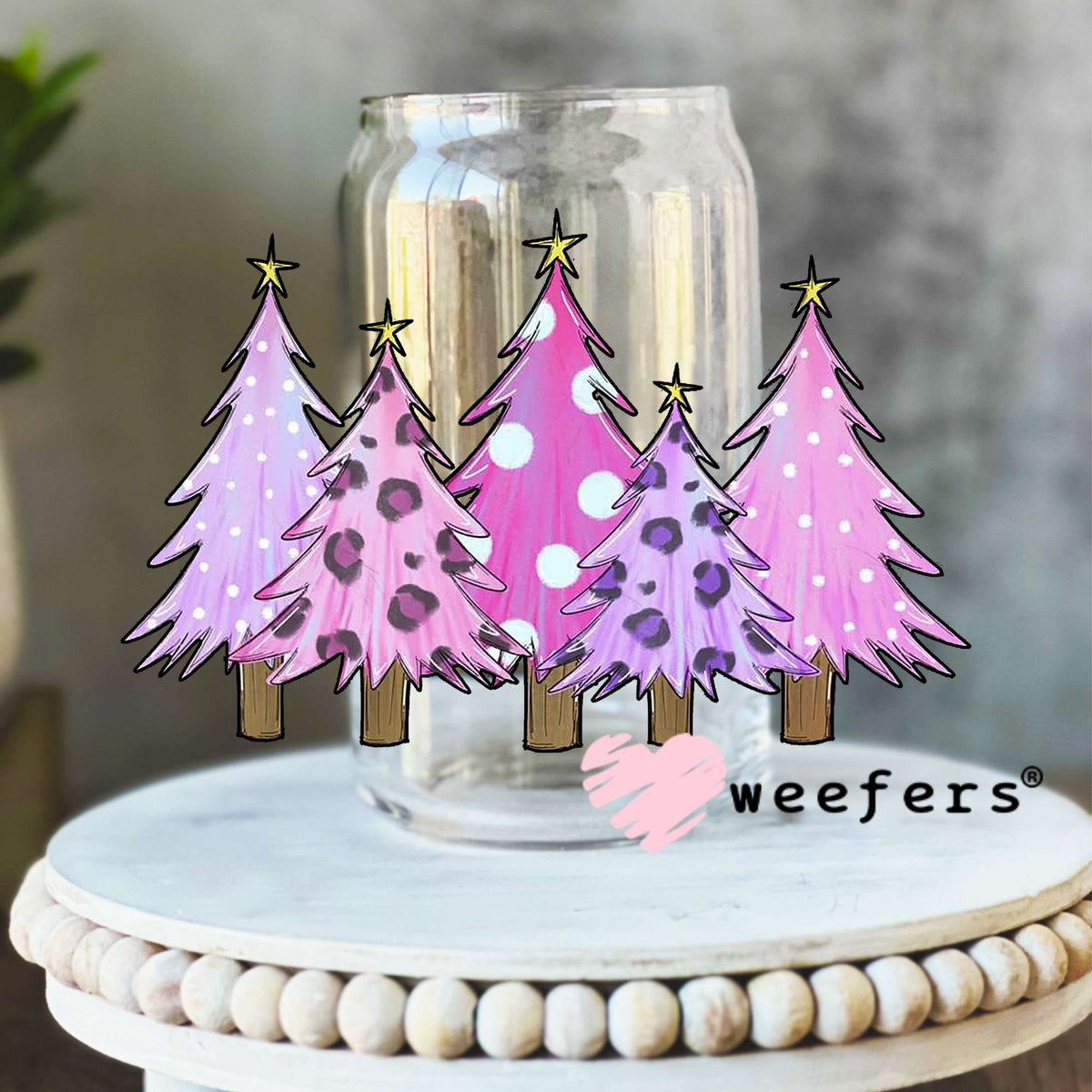 Christmas Pink Wonderland Trees UV DTF Decal 16oz Libbey Glass Original Size Weefers