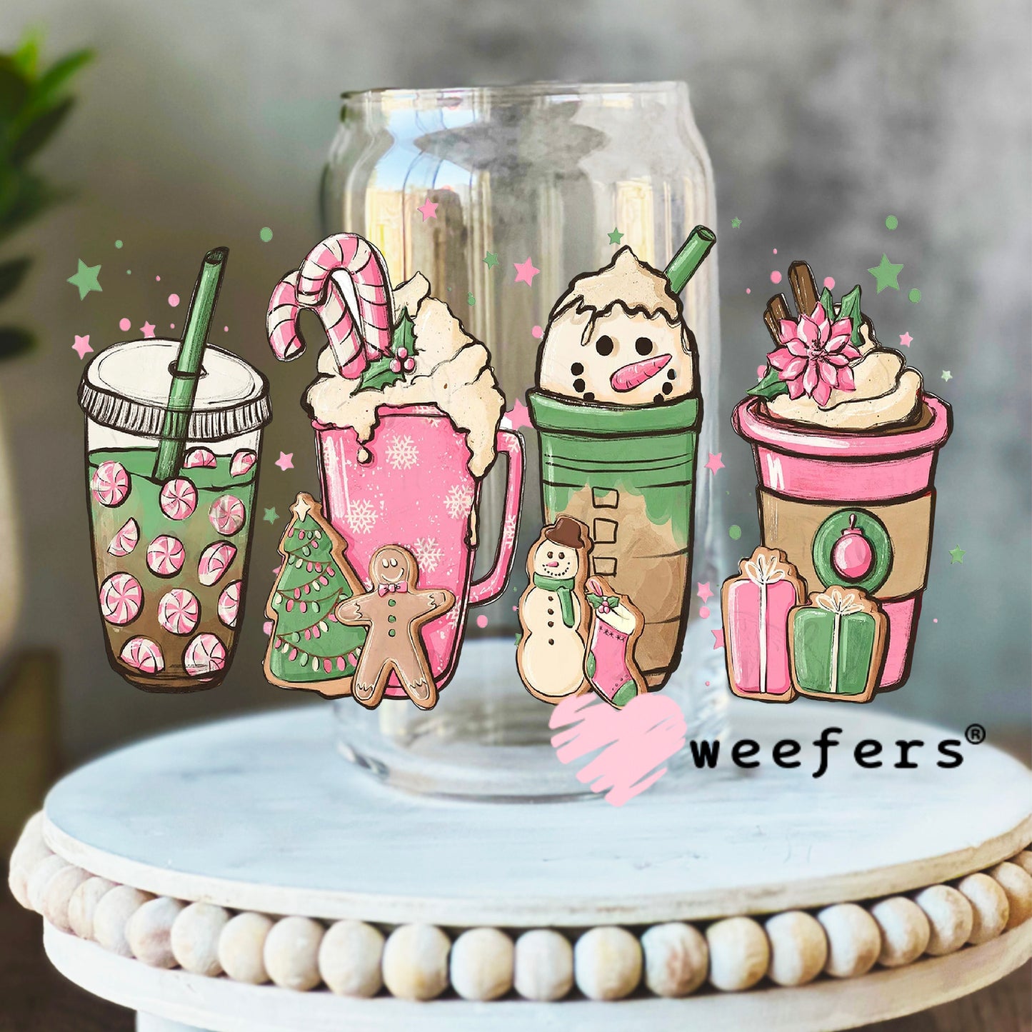 Christmas Pink Coffee Latte UV DTF Decal 16oz Libbey Glass Original Size Weefers