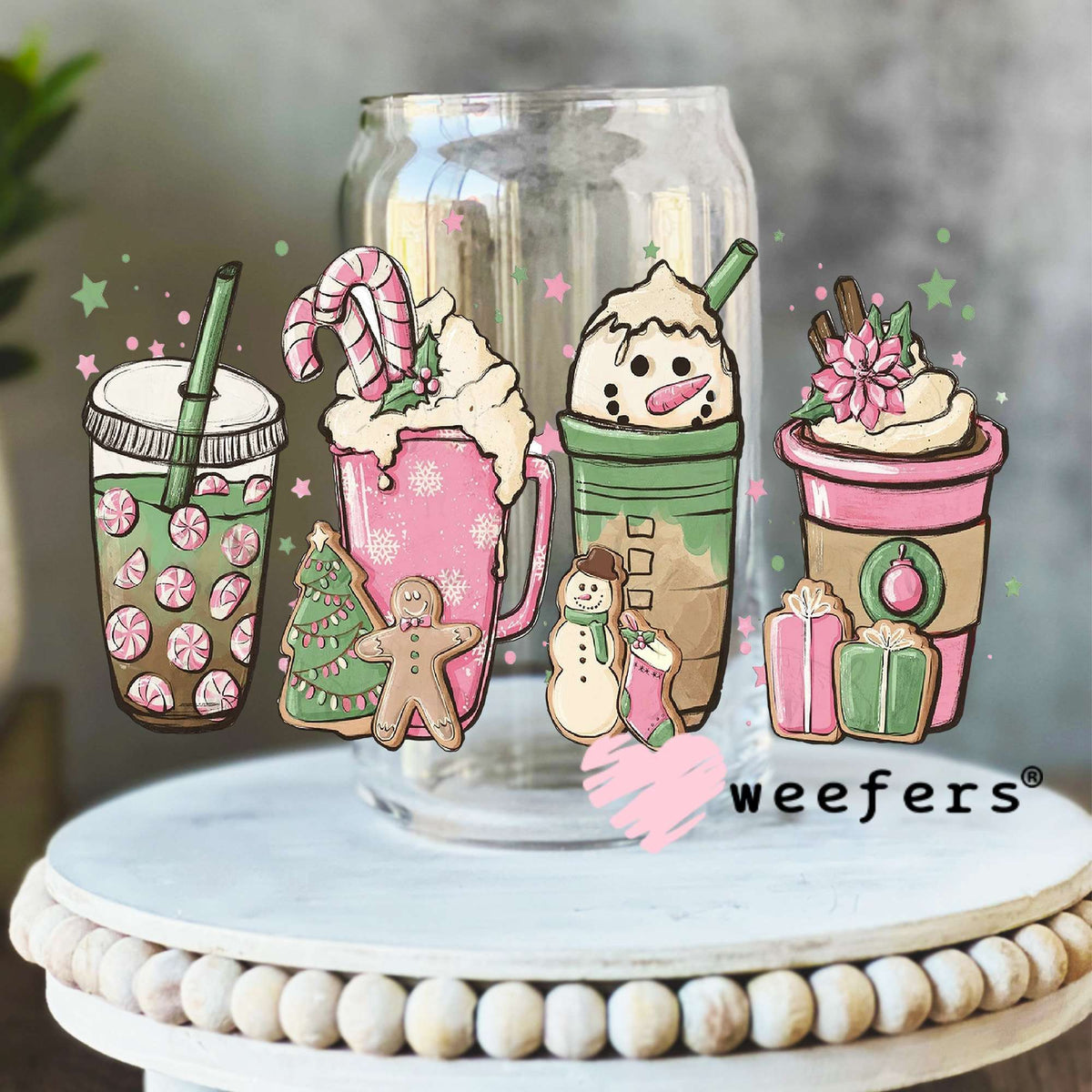 Christmas Pink Coffee Latte UV DTF Decal 16oz Libbey Glass Original Size Weefers