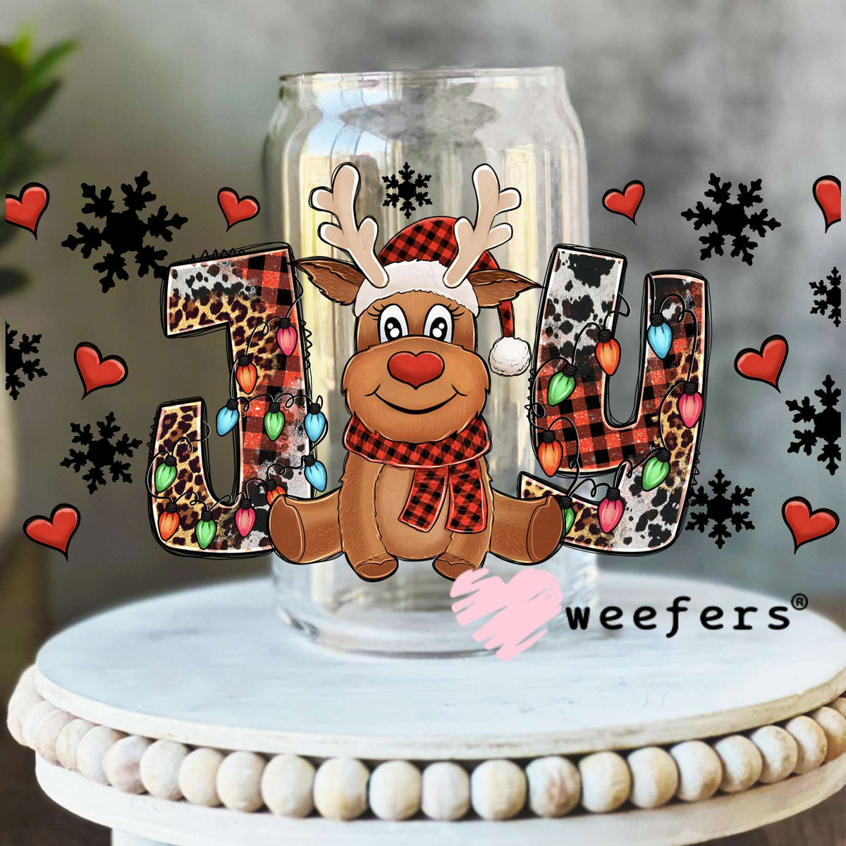 Christmas Reindeer Joy UV DTF Decal 16oz Libbey Glass Original Size Weefers