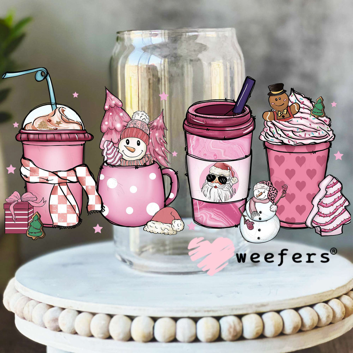 Pink Santa Snowman Coffee Latte UV DTF Decal 16oz Libbey Glass Original Size Weefers