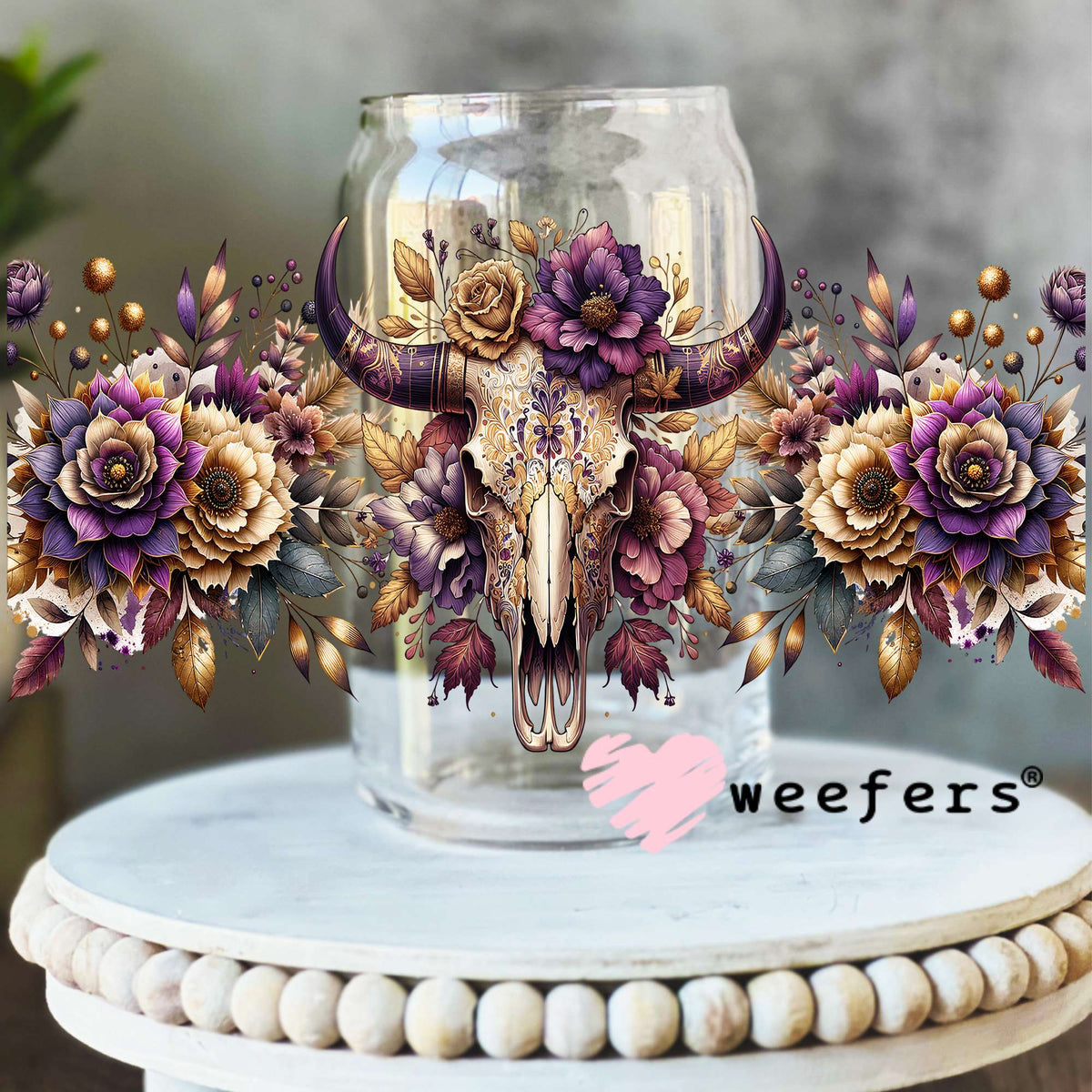Purple Floral Cow Skull UV DTF Cup Wrap 16oz Libbey Glass Original Size Weefers