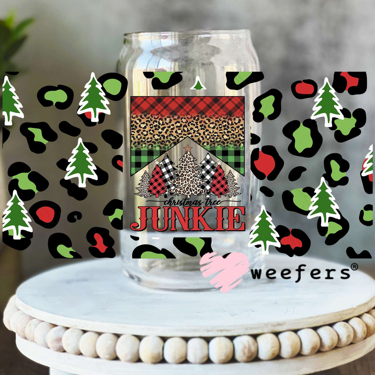 Christmas Junkie Red Green Cheetah Print UV DTF Cup Wrap 16oz Libbey Glass Original Size Weefers