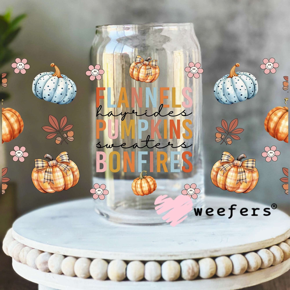 Flannels Pumpkins Bonfires Fall UV DTF Cup Wrap 16oz Libbey Glass Original Size Weefers