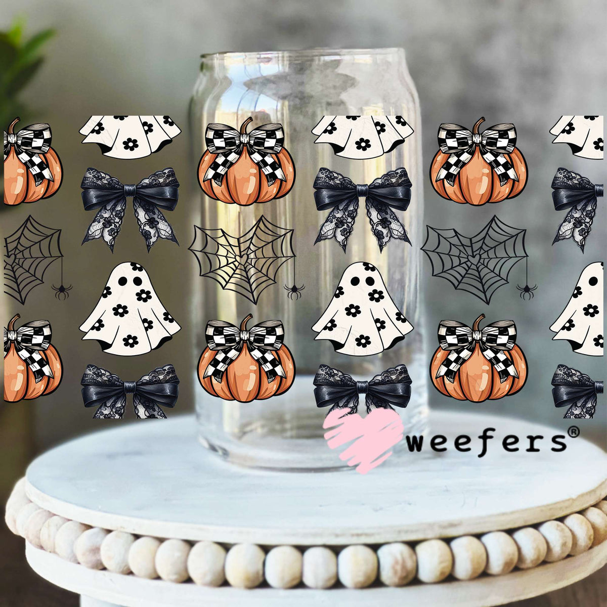 Coquette Halloween Pumpkins UV DTF Cup Wrap 16oz Libbey Glass Original Size Weefers