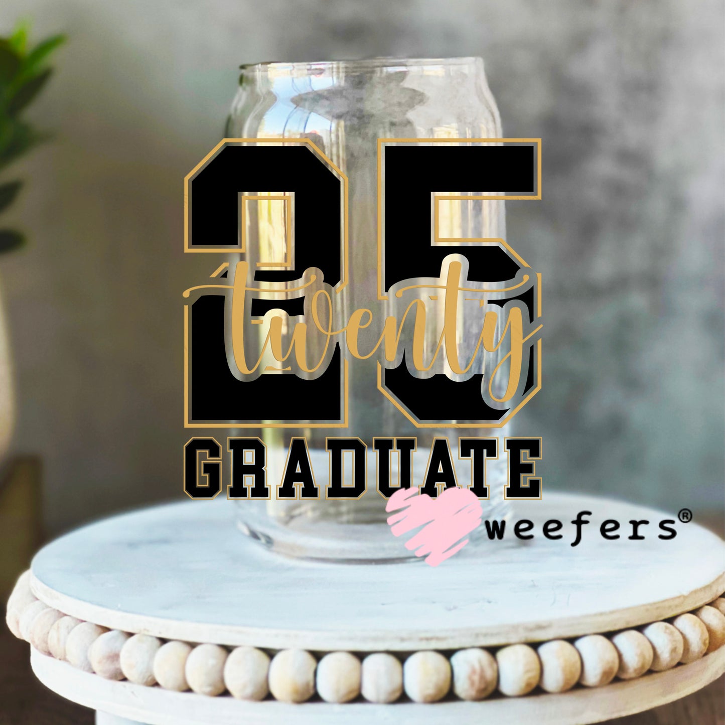 2025 Graduate Black Gold Cap UV DTF Decal 16oz Libbey Glass Original Size Weefers