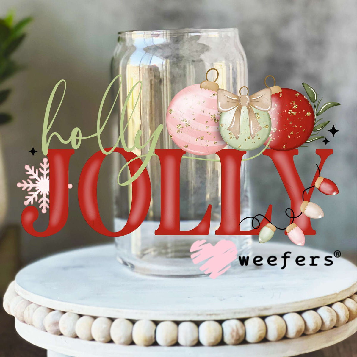 Holly Jolly Pink Red UV DTF Decal 16oz Libbey Glass Original Size Weefers