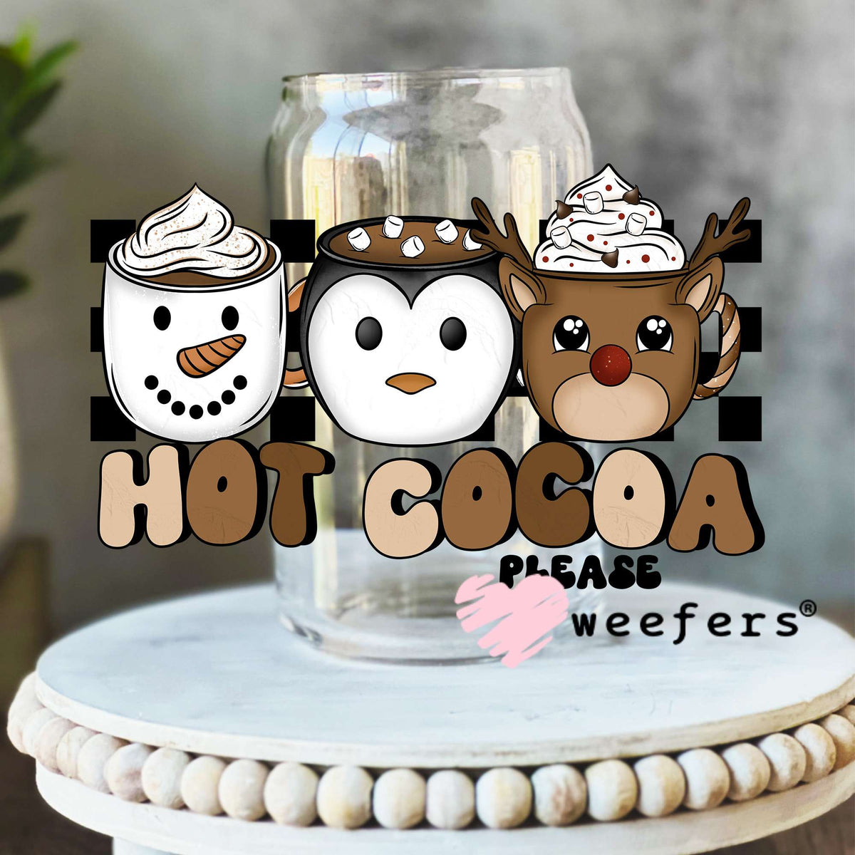 Hot Cocoa Trio UV DTF Decal 16oz Libbey Glass Original Size Weefers