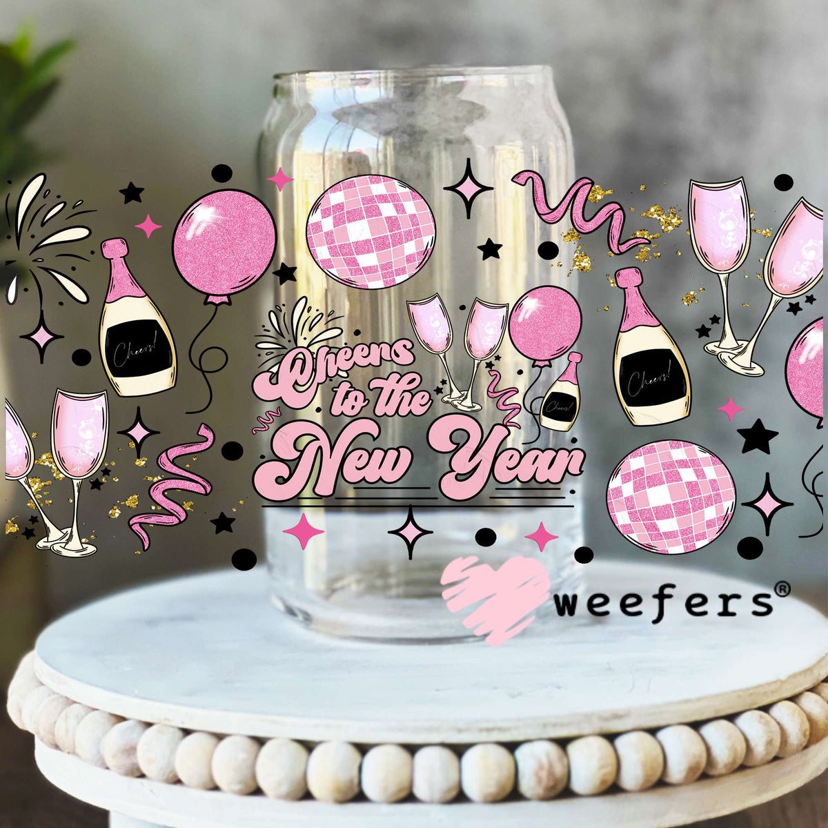 Cheers to the New Year Pink UV DTF Cup Wrap 16oz Libbey Glass Original Size Weefers