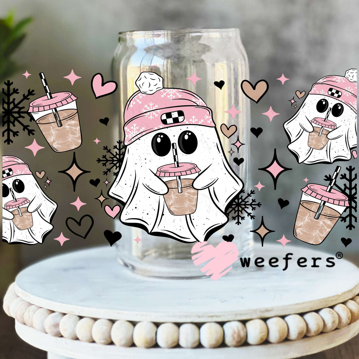 Ghost Pink Beanies and Coffee UV DTF Cup Wrap 16oz Libbey Glass Original Size Weefers