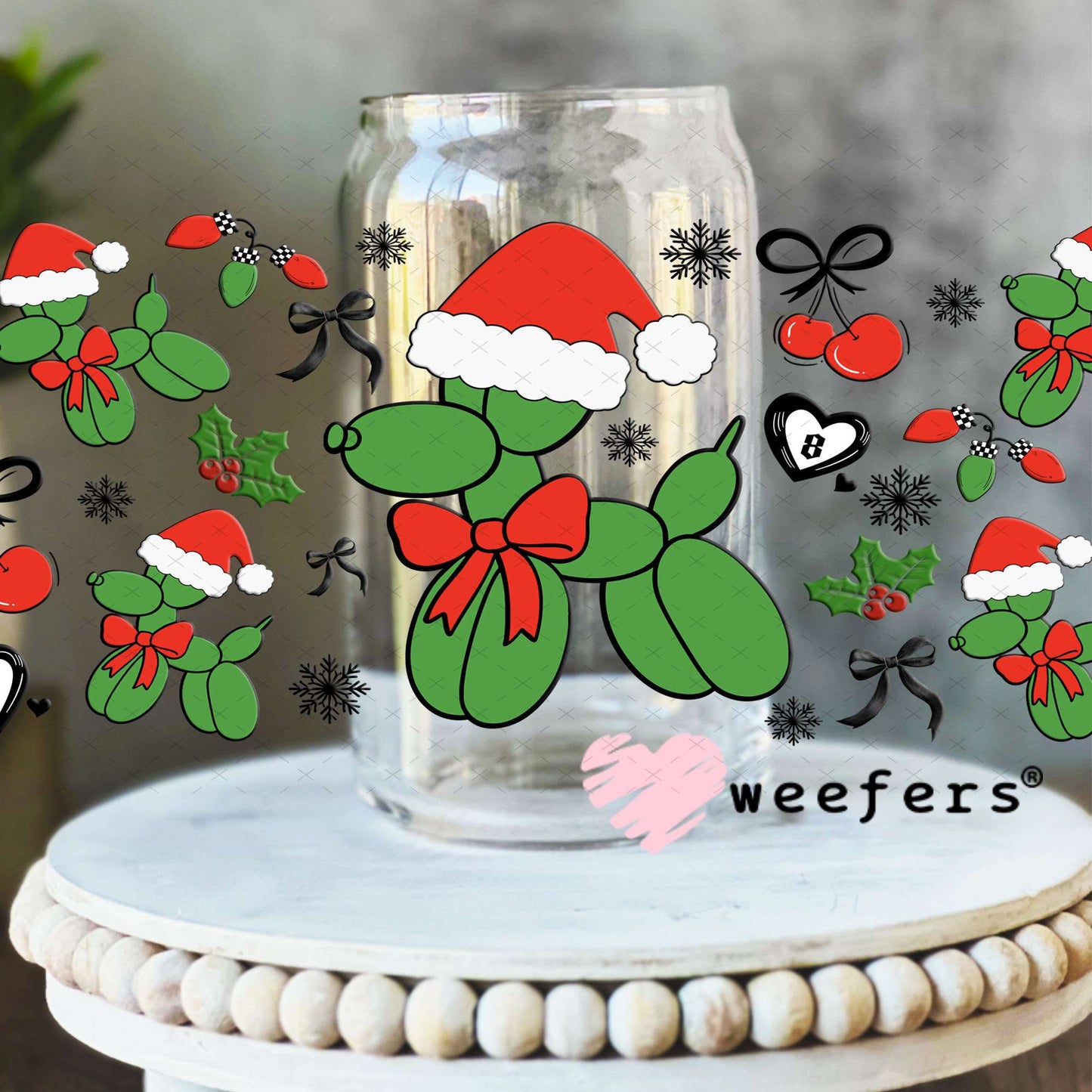 Christmas Santa Balloon Dog UV DTF Cup Wrap - Weefers Exclusive 16oz Libbey Glass Original Size Cup Wrap Weefers