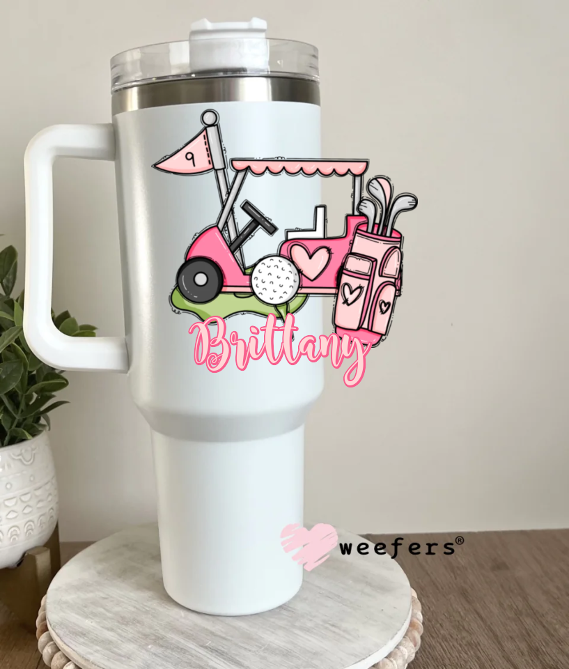 Personalized Name Pink Golfing Cart UV DTF Decal 40oz Tumbler Decal Weefers