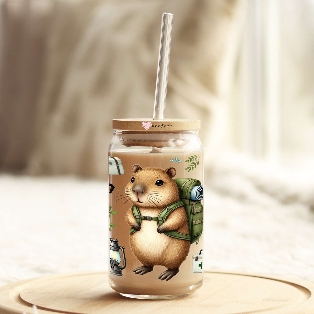 Camping Capybara 16oz Libbey Glass Can UV DTF or Sublimation Wrap Decal Transfer Weefers
