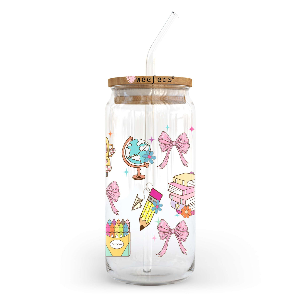 Pink Bows and School 20oz Libbey Glass Can, 34oz Hip Sip, 40oz Tumbler, 24oz Cold Cup UV DTF or Sublimation Decal Transfer Weefers