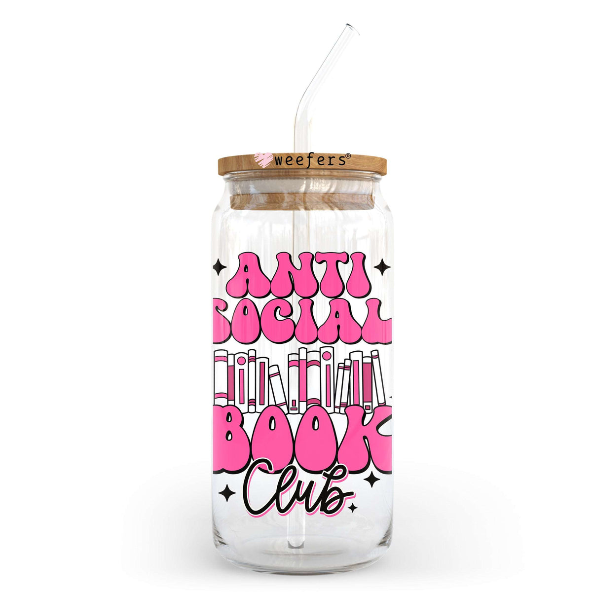Anti Social Book Club Pink 20oz Libbey Glass Can UV DTF or Sublimation Wrap - Decal Transfer Weefers