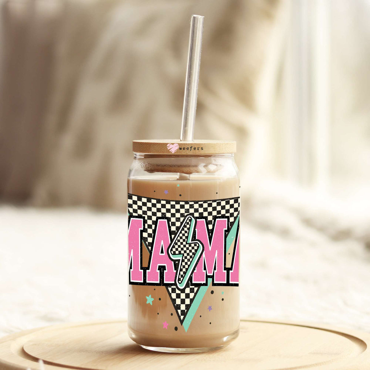 Pink Retro Checkered Mama 16oz Libbey Glass Can UV DTF or Sublimation Wrap Decal Transfer Weefers
