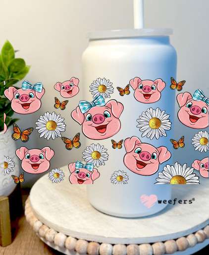 Pig faces and flowers 16oz Libbey Glass Can UV DTF Decal Transfer Weefers