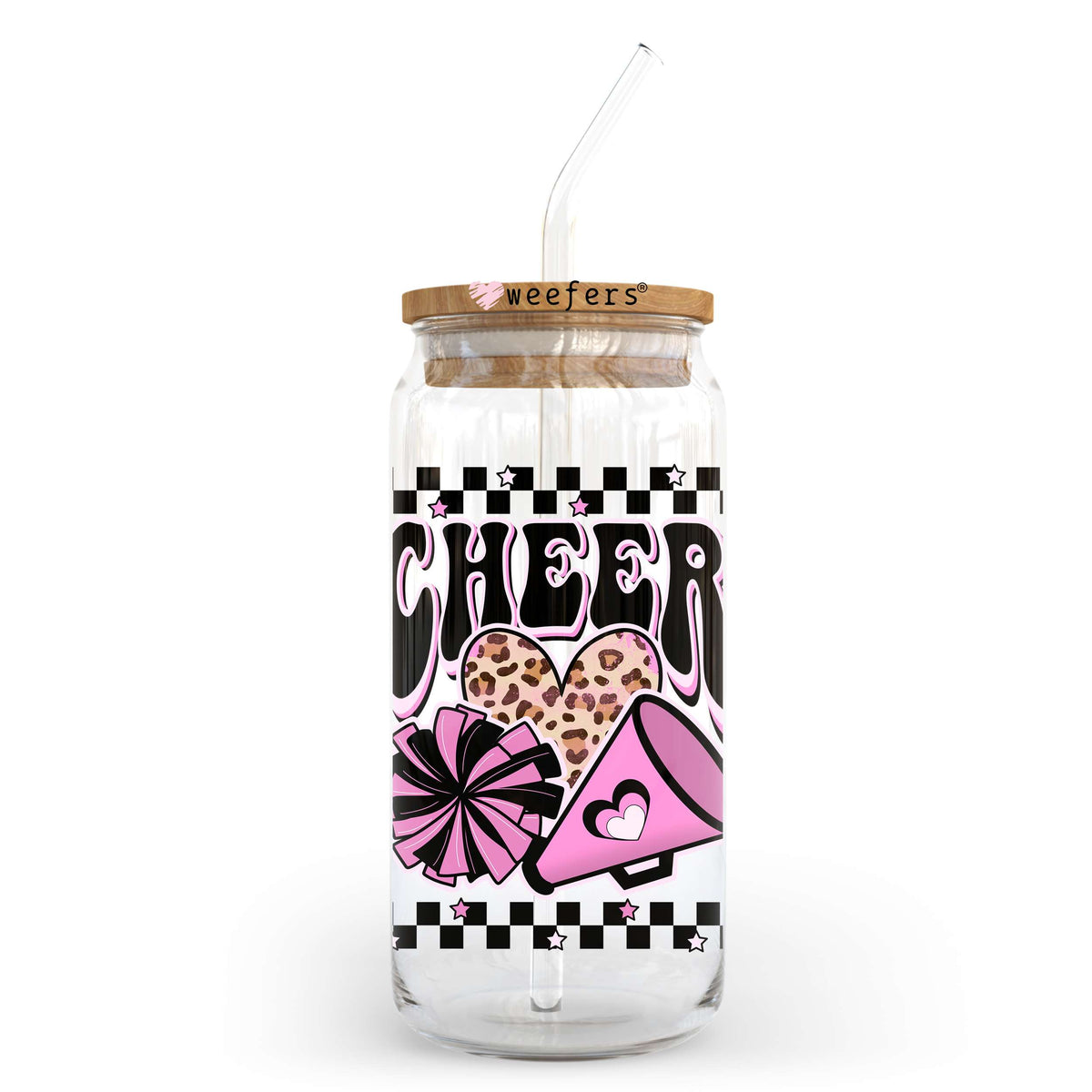 Cheer Pink and Black 20oz Libbey Glass Can UV DTF or Sublimation Wrap - Decal Transfer Weefers