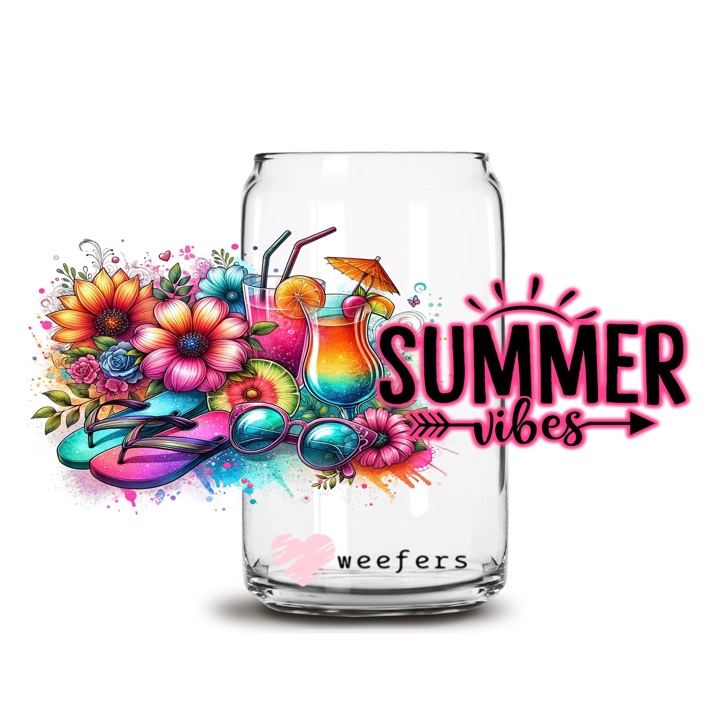 Summer Vibes Colorful Flowers 16oz Libbey Glass Can UV DTF or Sublimation Wrap Decal Transfer Weefers