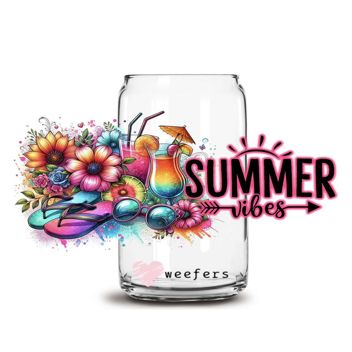Summer Vibes Colorful Flowers 16oz Libbey Glass Can UV DTF or Sublimation Wrap Decal Transfer Weefers