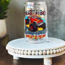 Load image into Gallery viewer, a glass jar with a monster truck on it
