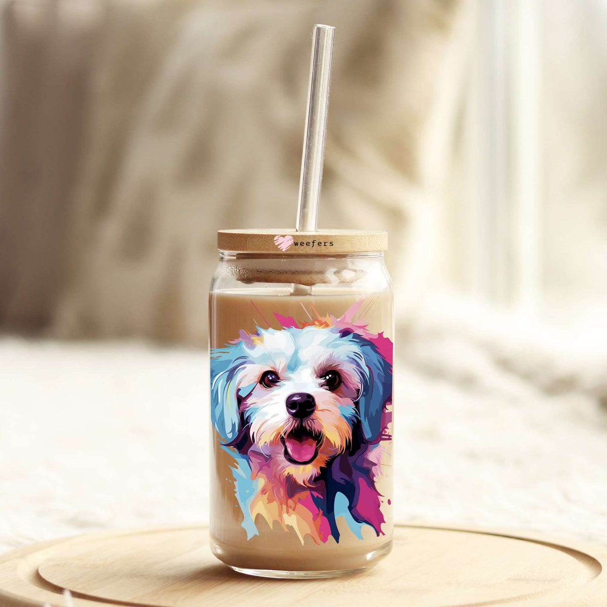 Maltese Colorful Watercolor 16oz Libbey Glass Can UV DTF or Sublimation Wrap - Decal Weefers