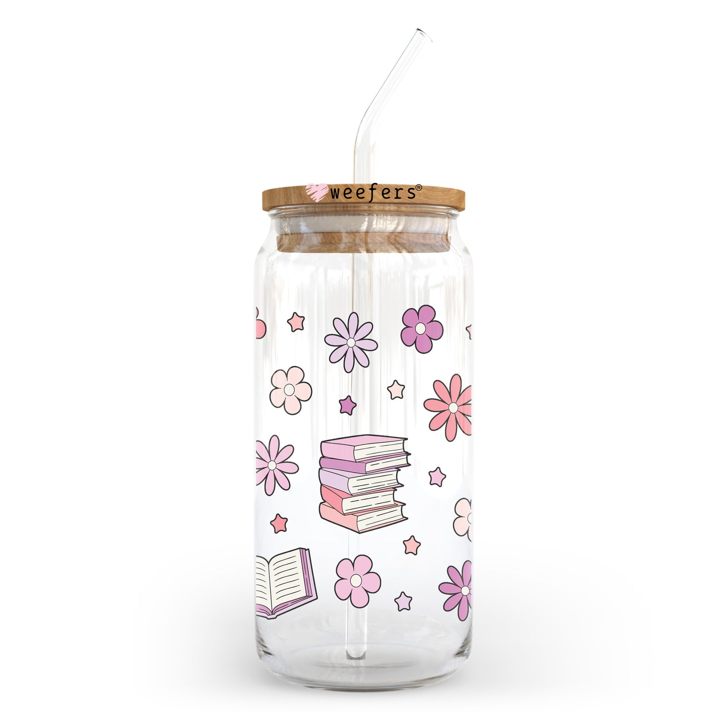 Pink and Purple Book Lover 20oz Libbey Glass Can UV DTF or Sublimation Wrap - Decal Transfer Weefers