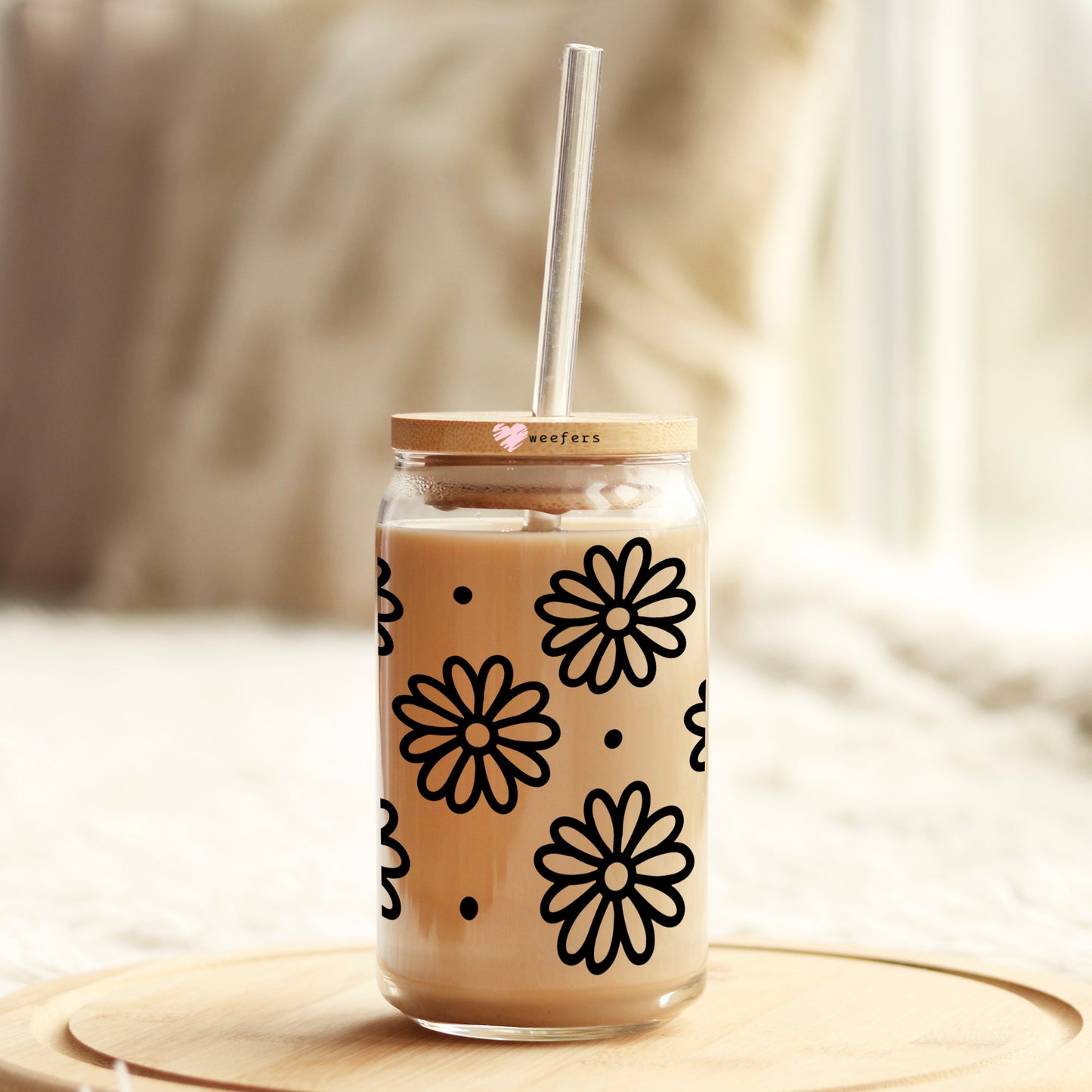 Black And White Daisies 16oz Libbey Glass Can UV DTF or Sublimation Wrap Decal Transfer Weefers