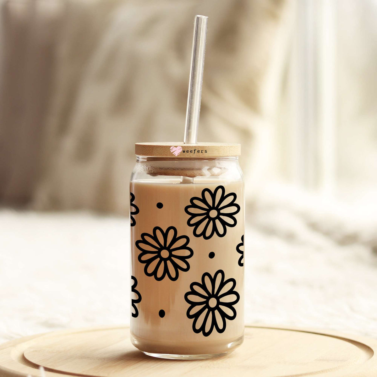 Black And White Daisies 16oz Libbey Glass Can UV DTF or Sublimation Wrap Decal Transfer Weefers