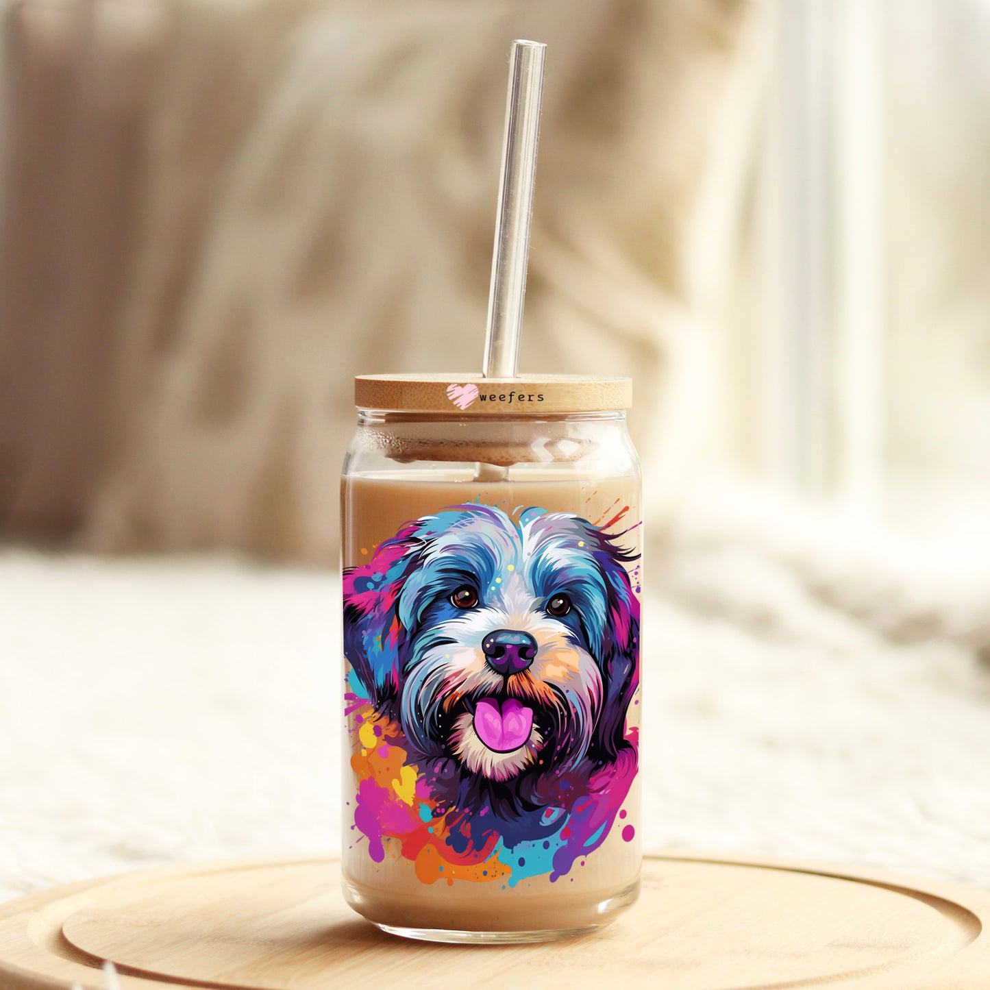 Havanese Colorful Watercolor 16oz Libbey Glass Can UV DTF or Sublimation Wrap - Decal Weefers